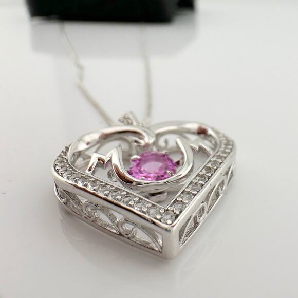 "Mom" Dancing Heart Necklace with Lab Created Pink & White Sapphires - Picture 3 of 9